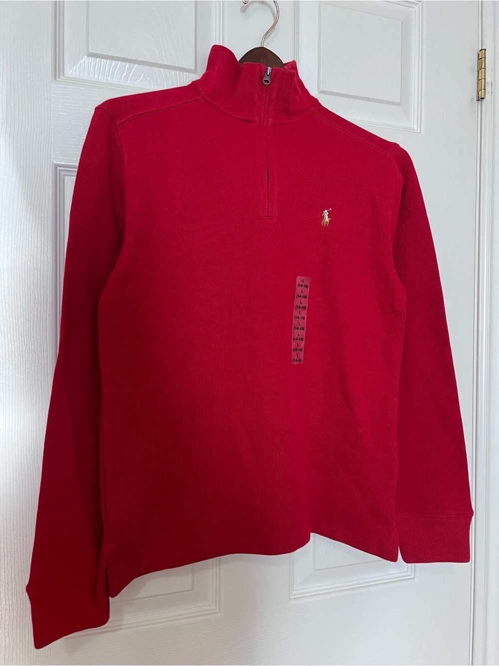 [NEW] Polo Ralph Lauren Red Estate Rib Quarter Zip Pullover Sweater Sz L (14-16) - Picture 4 of 12